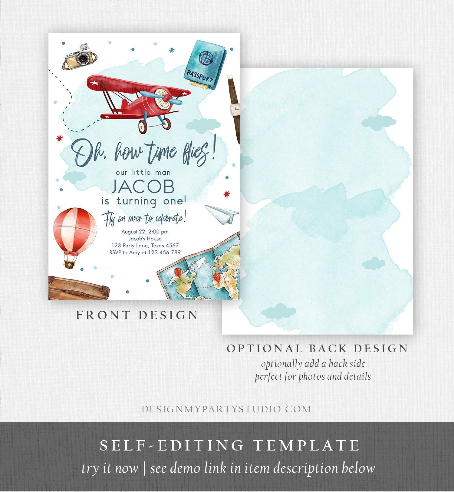 Editable Airplane Birthday Invitation Oh My Time Flies Red Airplane First Birthday Travel 1st Instant Download Printable Corjl Template 0468