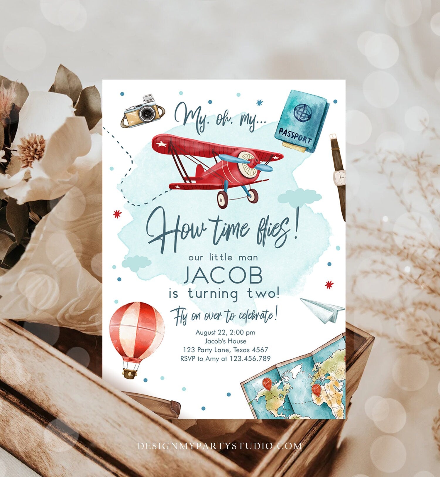 Editable Airplane Birthday Invitation Oh My Time Flies Red Airplane Invitation Travel 1st Instant Download Printable Corjl Template 0468