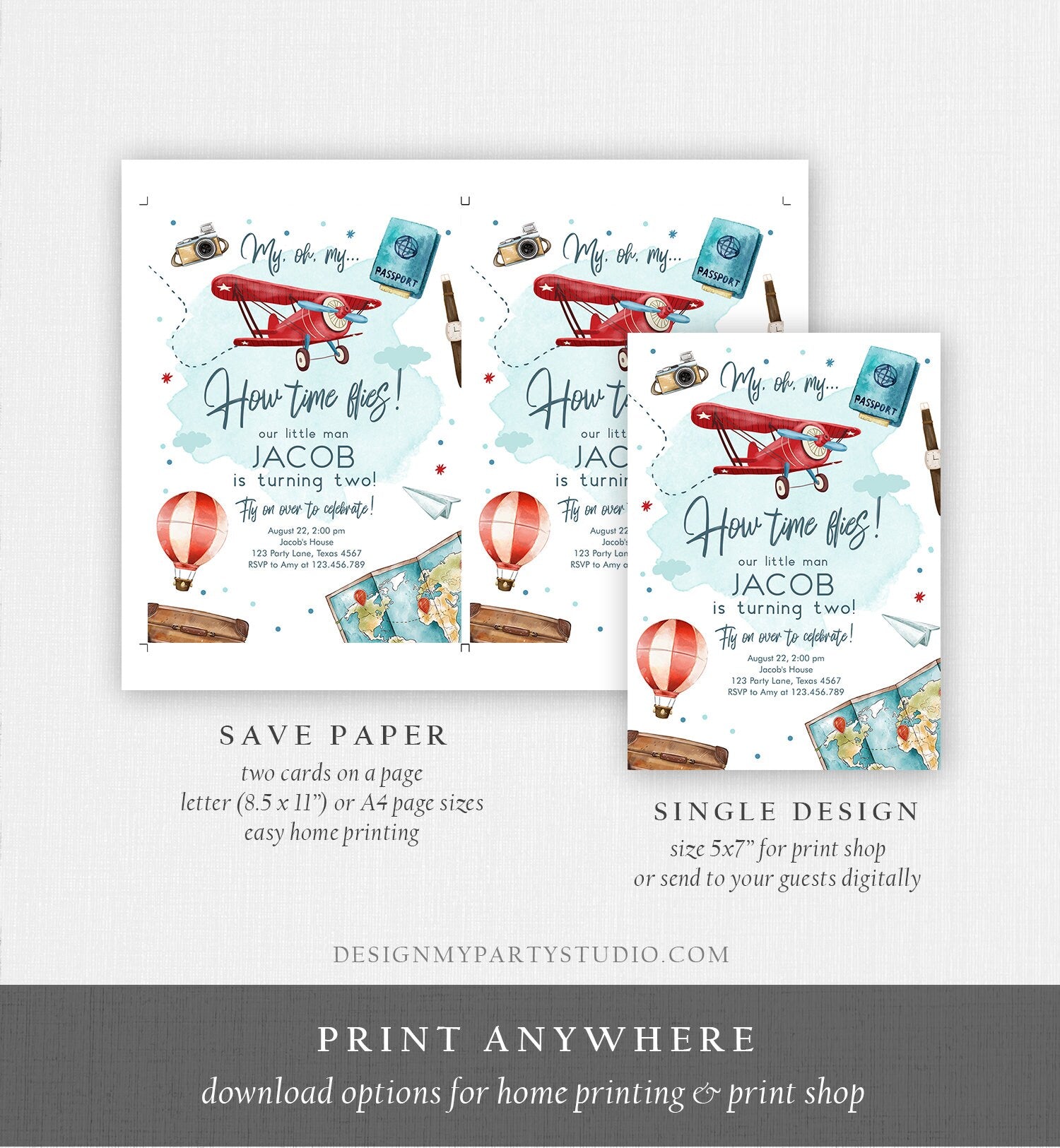 Editable Airplane Birthday Invitation Oh My Time Flies Red Airplane Invitation Travel 1st Instant Download Printable Corjl Template 0468