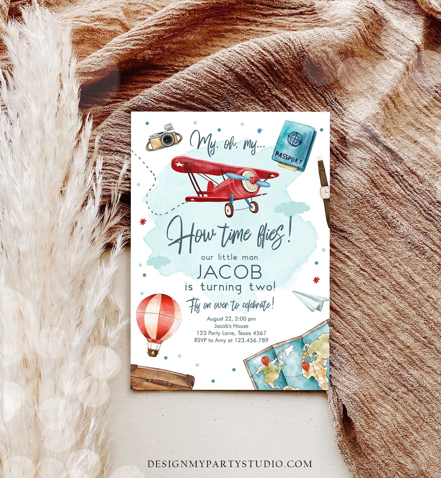 Editable Airplane Birthday Invitation Oh My Time Flies Red Airplane Invitation Travel 1st Instant Download Printable Corjl Template 0468