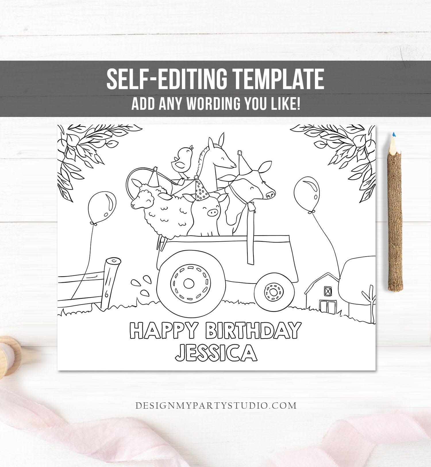 Editable Coloring Page Farm Animals Birthday Party Activity Game Farm Birthday Barnyard Birthday Digital Download PRINTABLE Corjl 0155