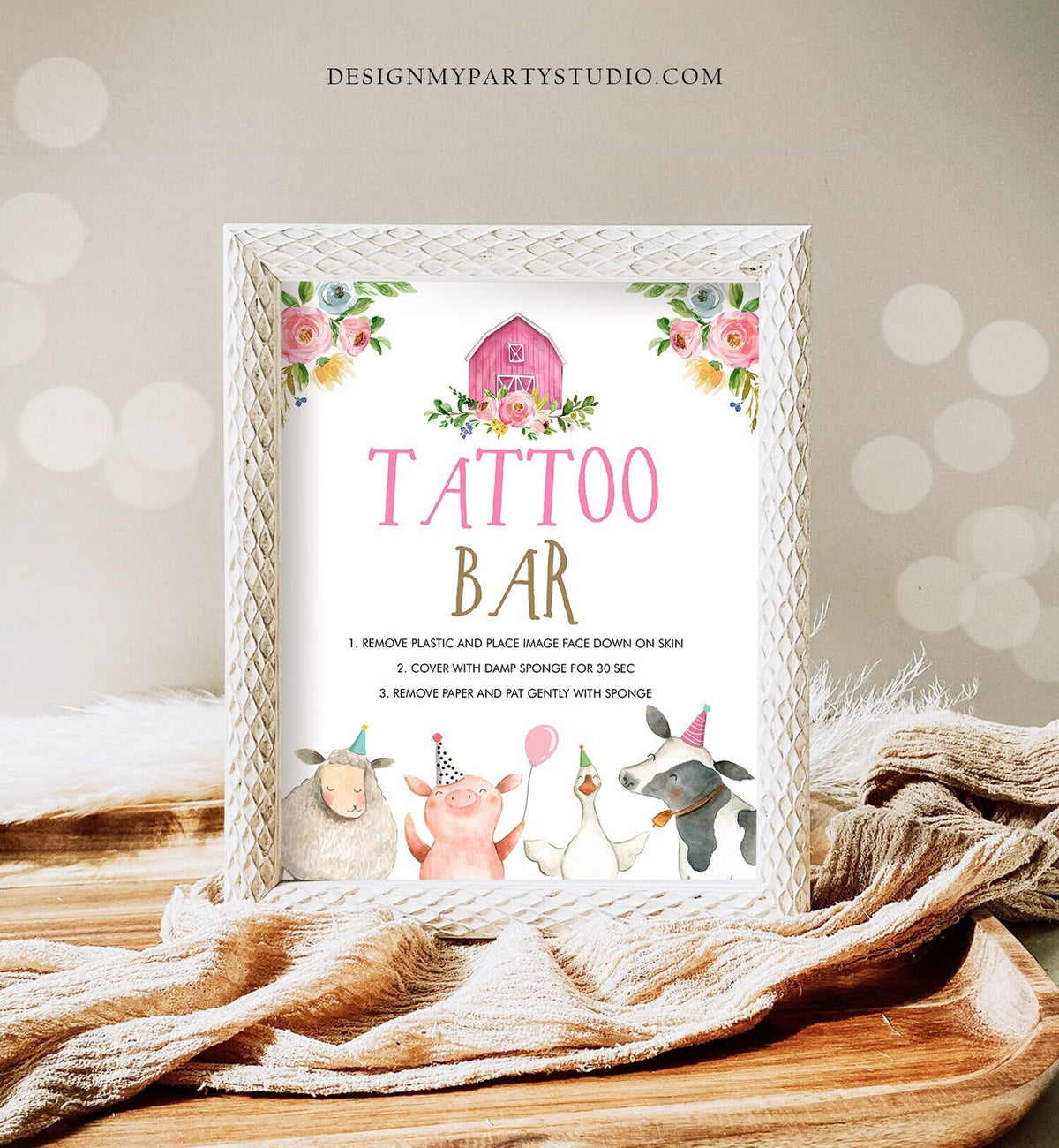 Tattoo Bar Farm Animals Birthday Sign Barnyard Decor Pink Farm Girl Birthday Table Sign Party Instant Download PRINTABLE 0155