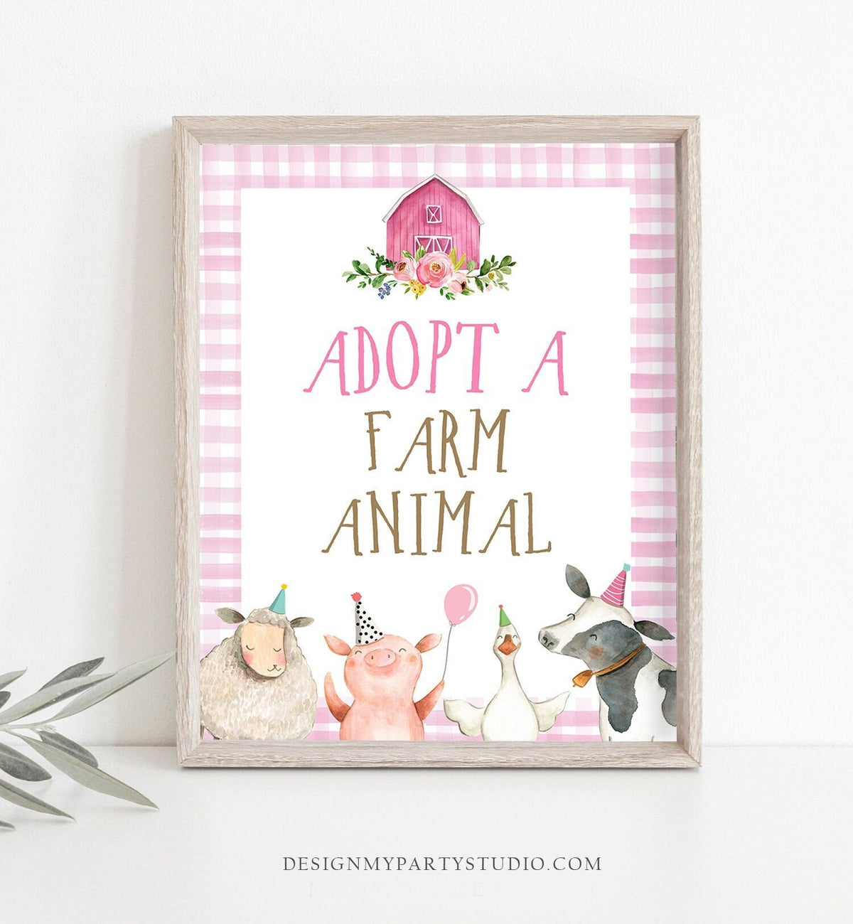 Adopt a Farm Animal Sign Farm Birthday Party Sign Favors Barnyard Birthday Party Animals Girl Favor Sign Pink Pink Gingham Printable 0155