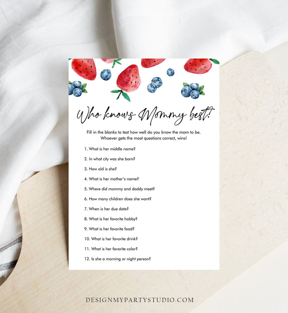 Editable Who Knows Mommy Best Strawberry Baby Shower Game Blueberry Shower Berry Sweet Guessing Digital Download Template Printable 0399