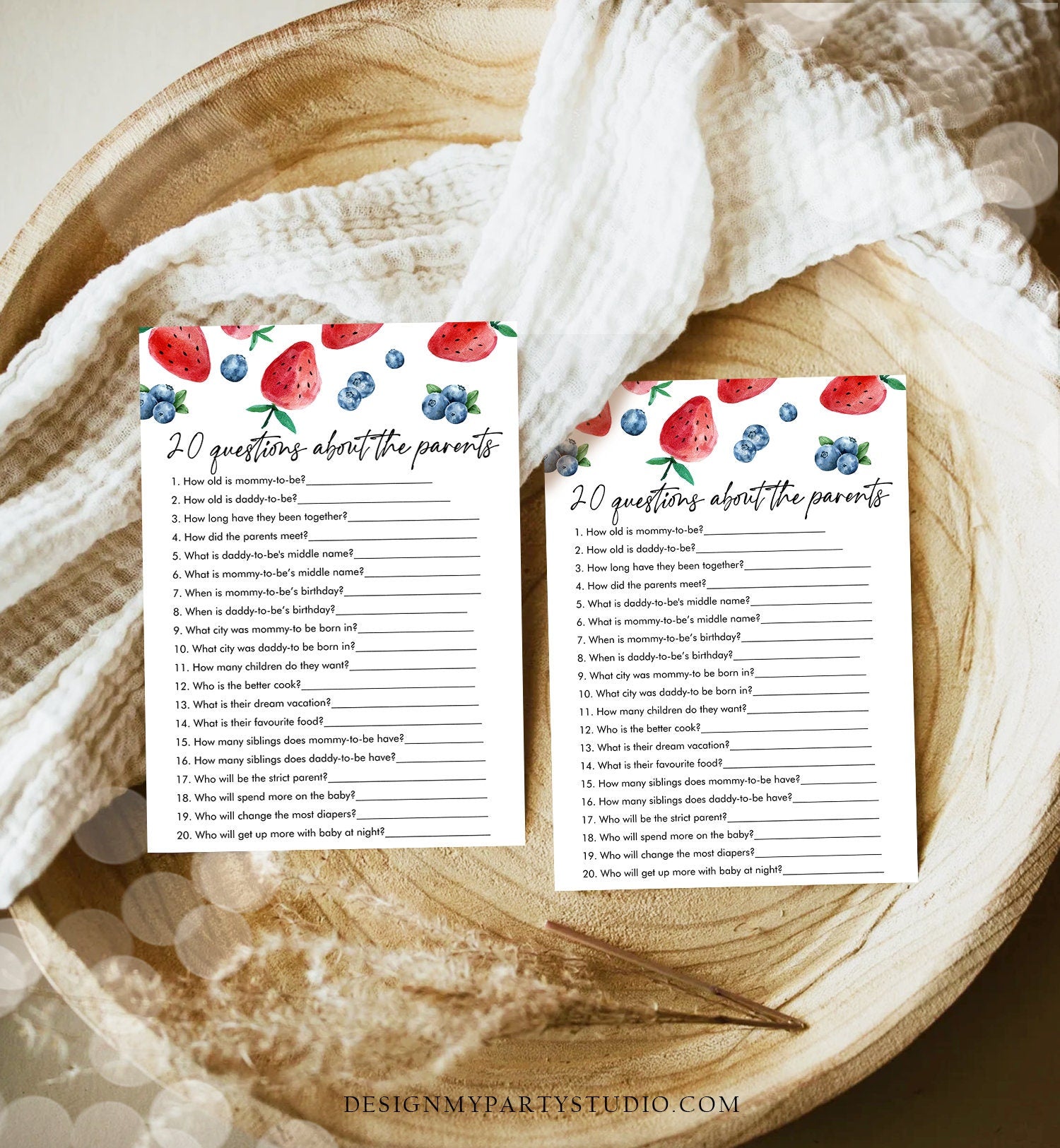 Editable 20 Questions about the Parents Baby Shower Game Strawberry Blueberry Baby Shower Berry Sweet Download Corjl Template Printable 0399