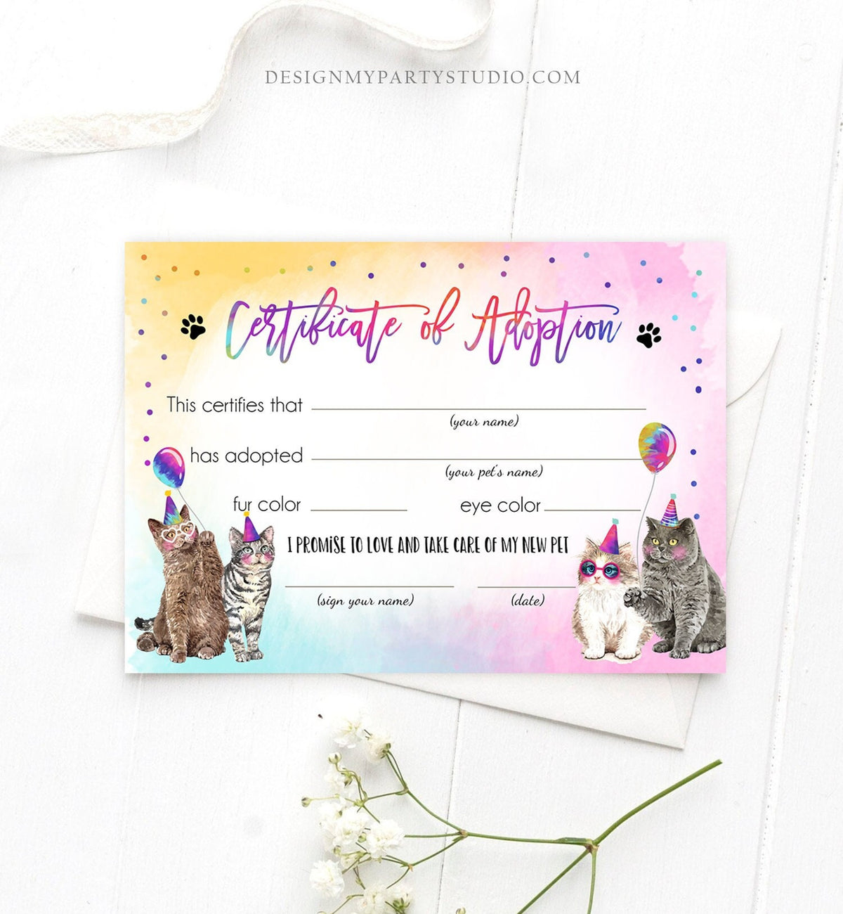 Pet Adoption Certificate Cat Adoption Cat Birthday Party Adopt A Cat Girl Pink Pawty Kitten Adoption Instant Download Digital PRINTABLE 0460