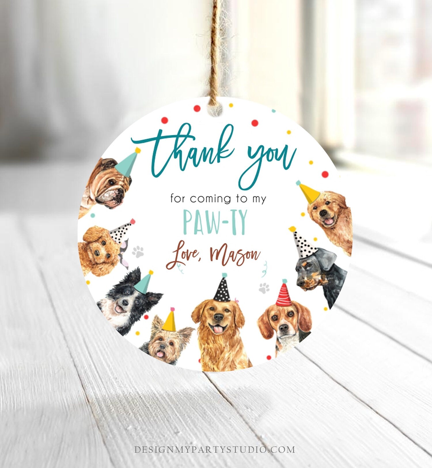 Editable Dogs Favor Tag Puppy Birthday Thank You Tags Boy Blue Paw-Ty Come Sit Stay Pup Dog Pet Vet Animal Template PRINTABLE Corjl 0384