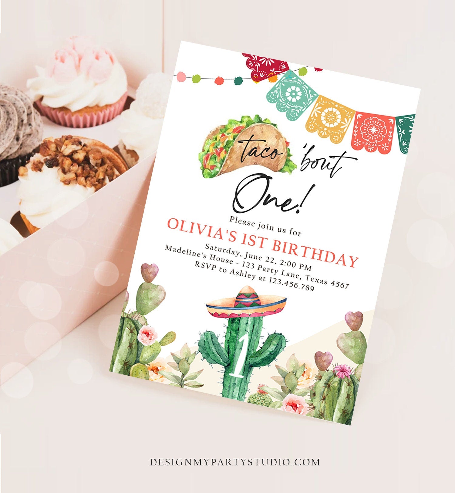 Editable Fiesta Invitation First Fiesta Birthday Mexican Cactus Taco Bout One Girl Watercolor Digital Download Evite Template Printable 0404