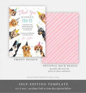 Editable Dog Birthday Thank You Card Puppy Birthday Invite Pink Girl Pawty Birthday Animal Pet Vet Download Printable Template Corjl 0384