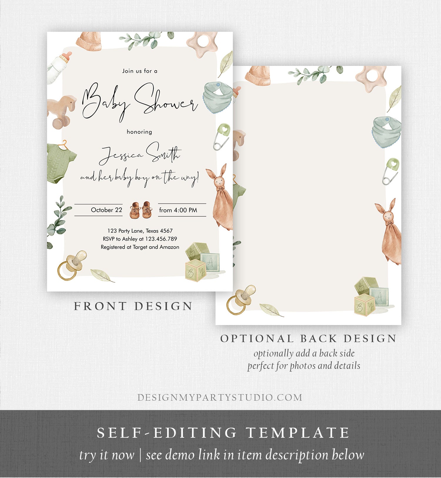 Editable Boy Baby Shower Invitation Boho Baby Shower Invitation Coed Shower Baby Clothes Rustic Download Printable Template Corjl 0470