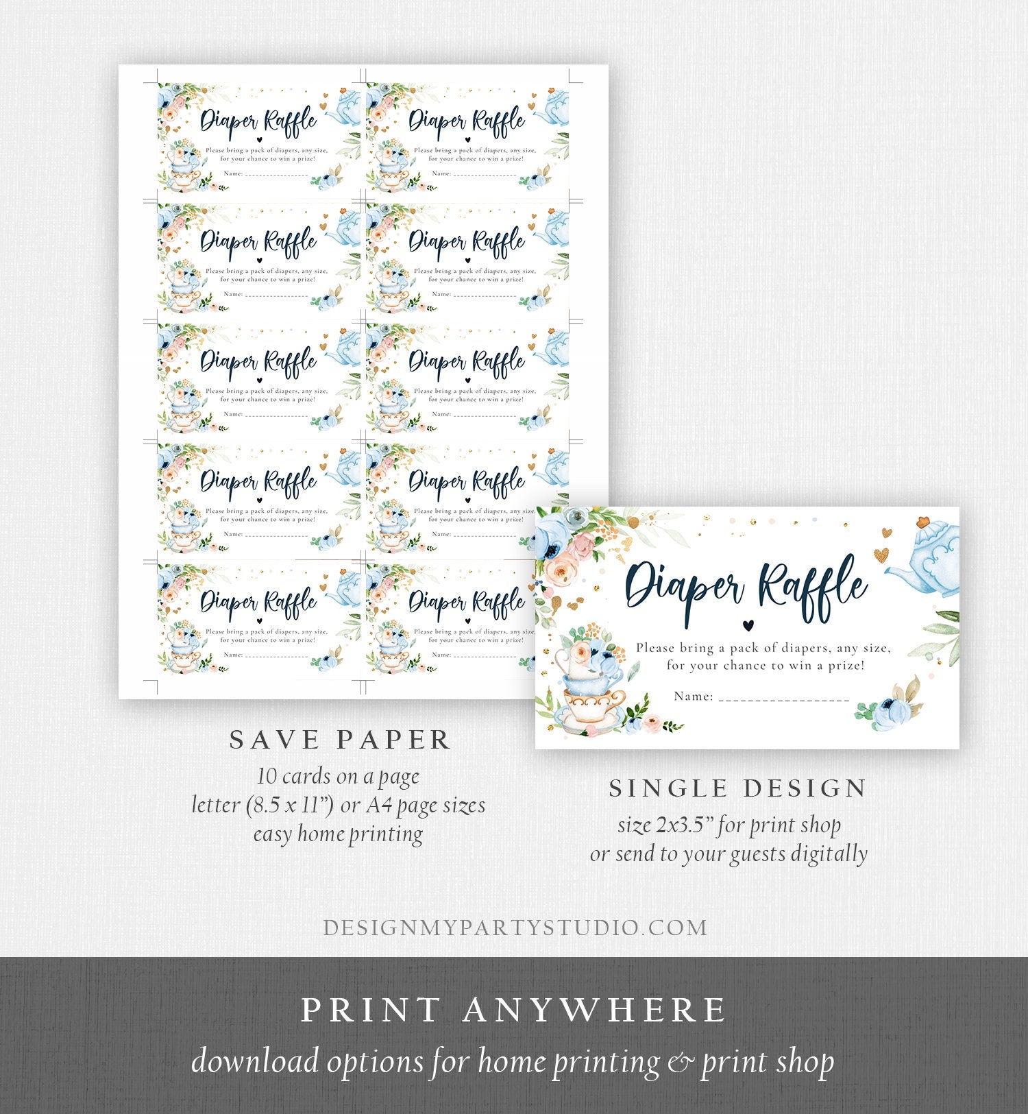 Editable Diaper Raffle Ticket Diaper Game Card Baby is Brewing Baby shower Tea Floral Brunch Blue Boy Download Template Corjl PRINTABLE 0349