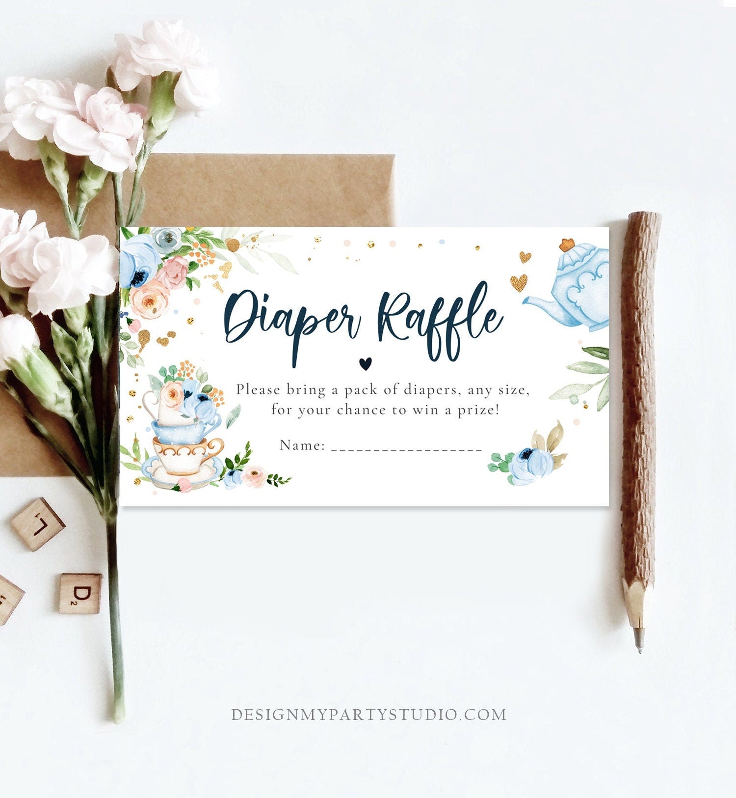 Editable Diaper Raffle Ticket Diaper Game Card Baby is Brewing Baby shower Tea Floral Brunch Blue Boy Download Template Corjl PRINTABLE 0349