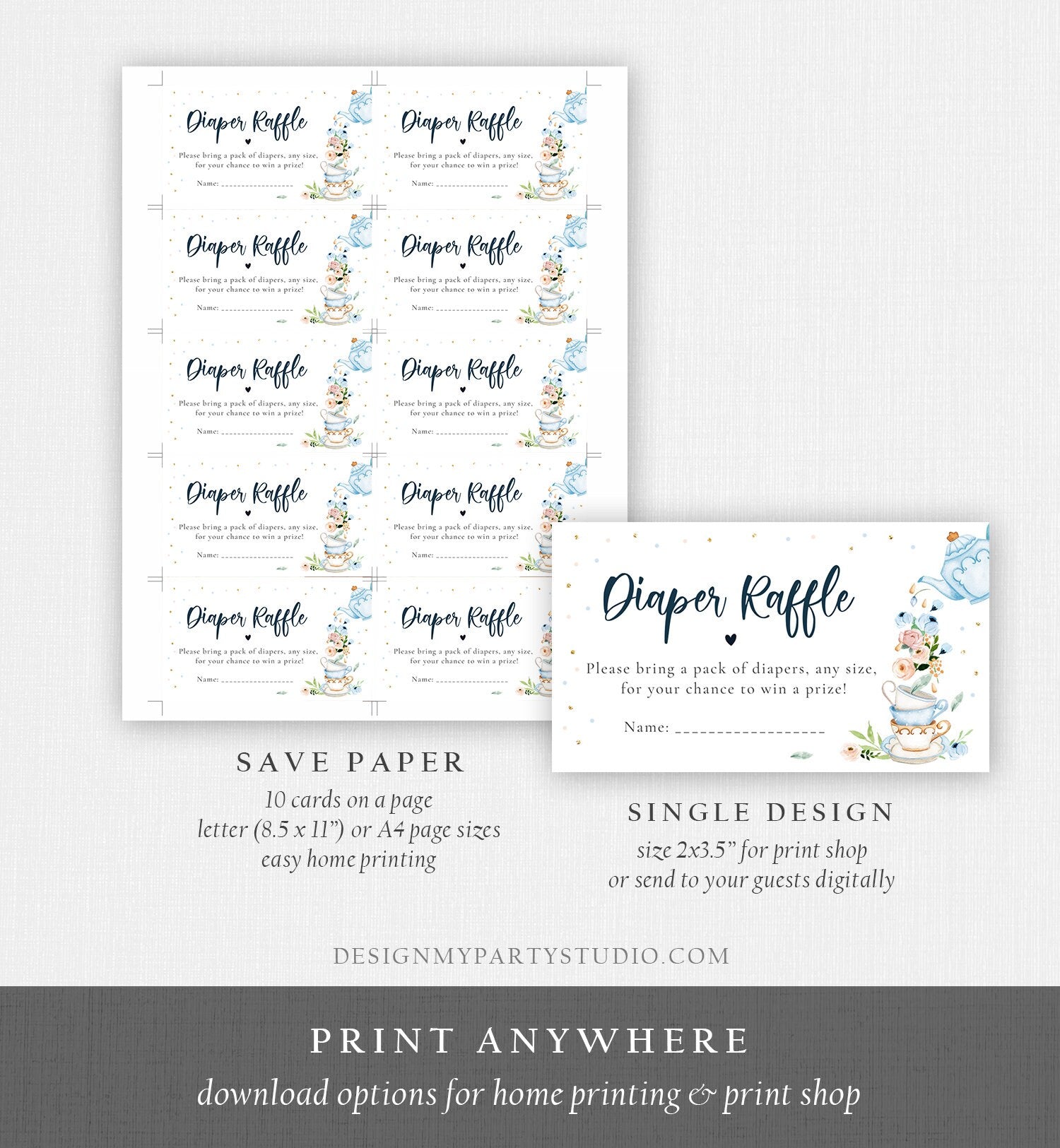 Editable Diaper Raffle Ticket Diaper Game Card Baby is Brewing Baby shower Tea Floral Brunch Blue Boy Download Template Corjl PRINTABLE 0349