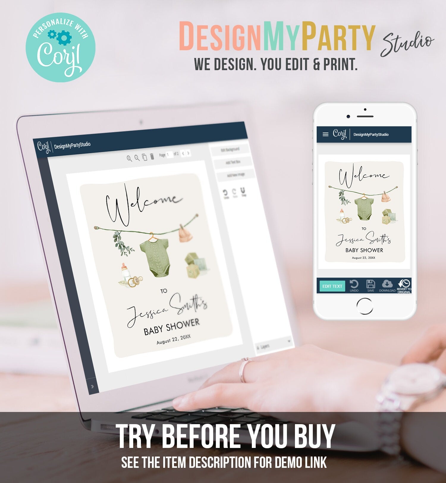 Editable Boho Baby Shower Welcome Sign Boy Couples Shower Neutral Baby Clothes Rustic Greenery Sage Green Digital Template Printable 0470