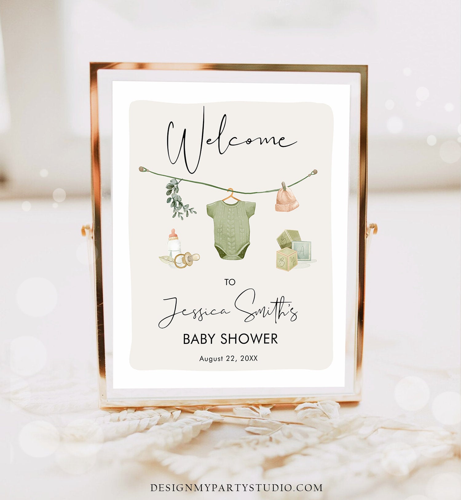 Editable Boho Baby Shower Welcome Sign Boy Couples Shower Neutral Baby Clothes Rustic Greenery Sage Green Digital Template Printable 0470