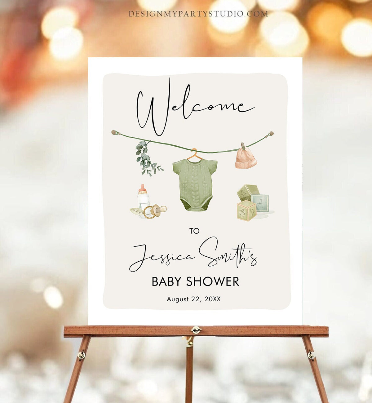 Editable Boho Baby Shower Welcome Sign Boy Couples Shower Neutral Baby Clothes Rustic Greenery Sage Green Digital Template Printable 0470