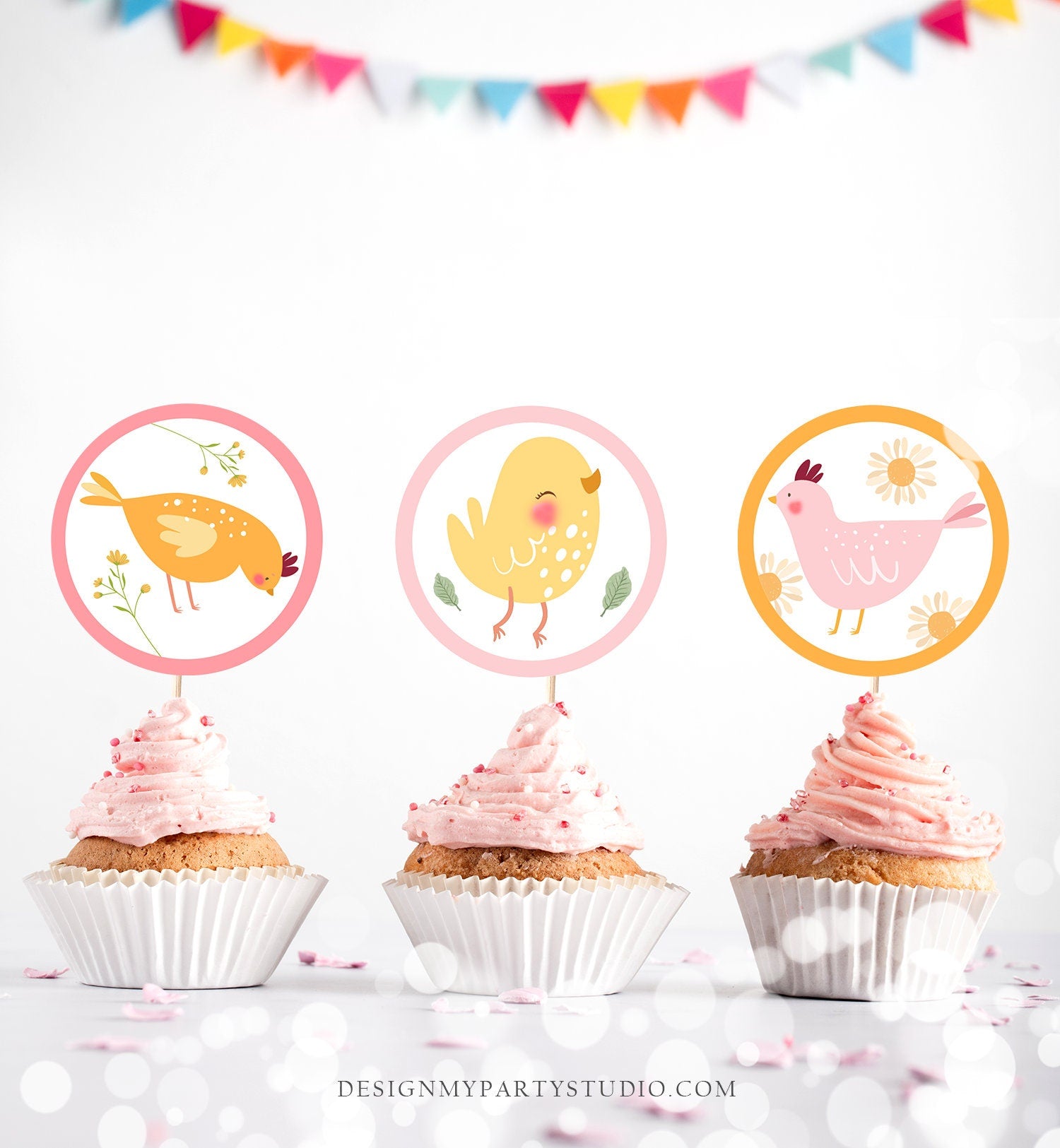 Chicken Cupcake Toppers Favor Tags Chicken Birthday Party Decoration This Chick Is One Farm Barnyard Girl Download Digital PRINTABLE 0446