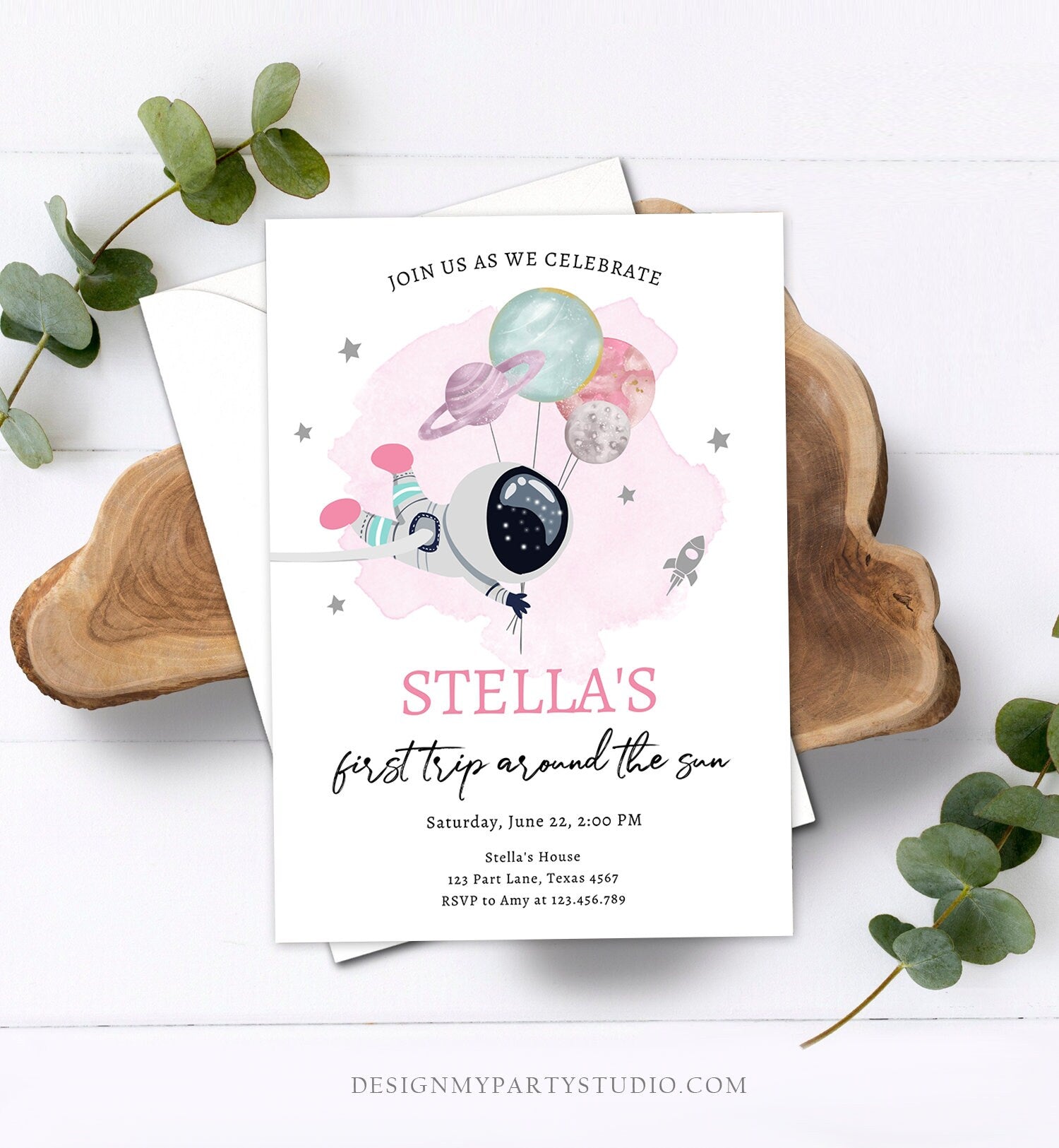 Editable Outer Space Birthday Invitation Girl Out of this World Astronaut Trip Around the Sun Download Printable Template Digital Corjl 0366