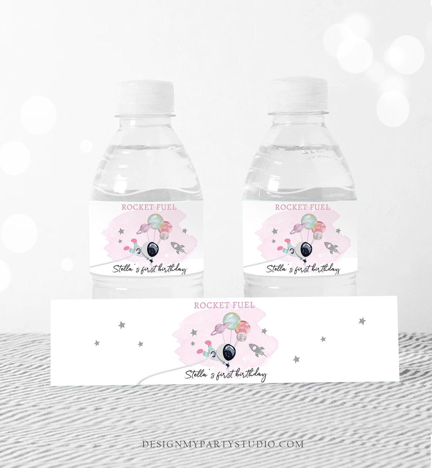 Editable Outer Space Water Bottle Labels Galaxy Party Decor Girl Space Birthday Rocket Fuel Labels Planets Printable Template Corjl 0366