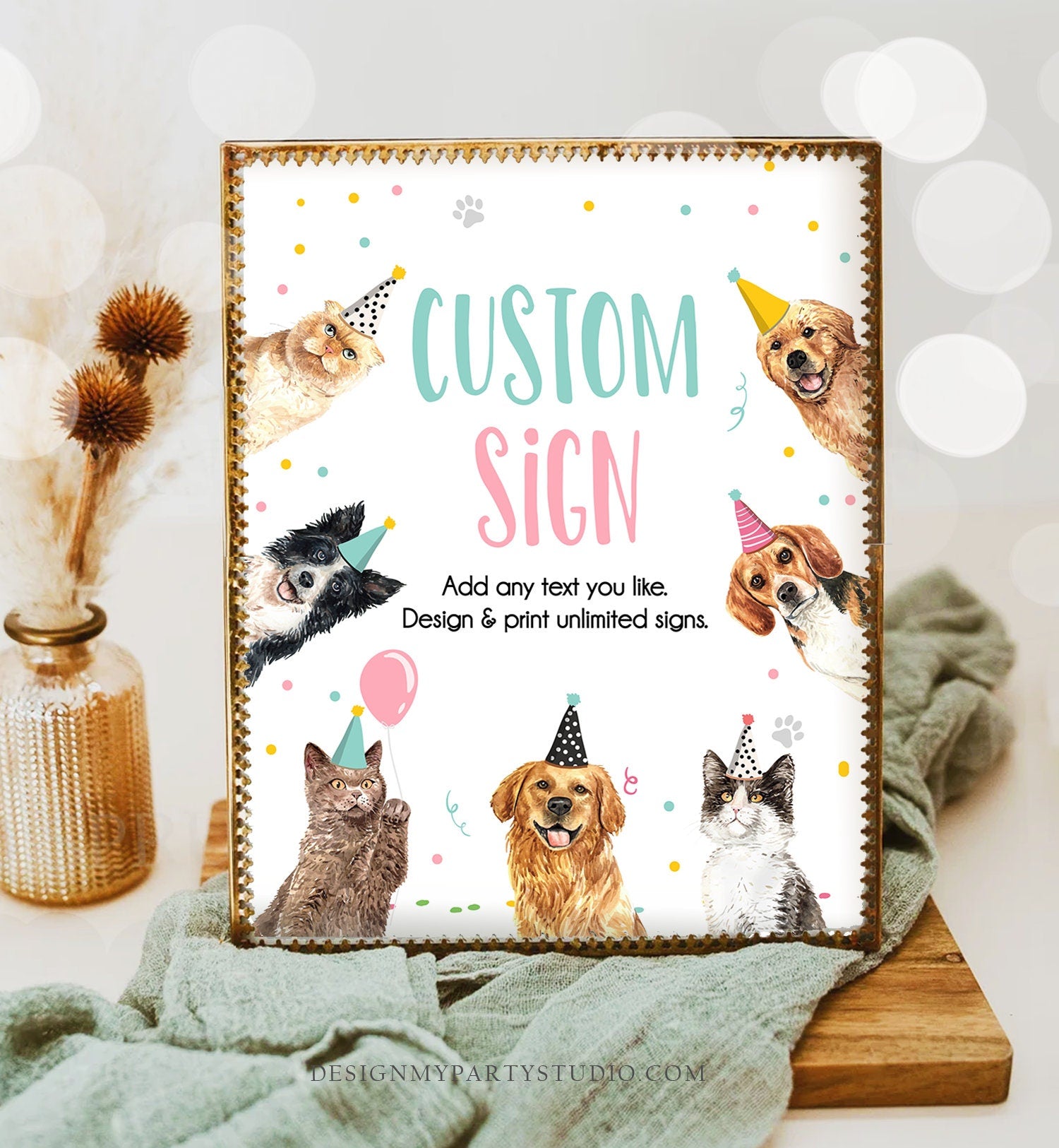 Editable Custom Sign Dogs and Cats Birthday Kitten Birthday Party Sign Girl Pawty Decor Table Sign Decoration 8x10 Download Printable 0384