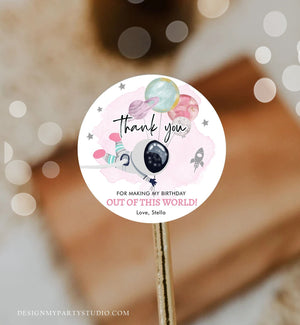 Editable Outer Space Favor Tags Astronaut Birthday Thank You Sticker Girl Space Pink Trip Out Of World Planets Template Corjl PRINTABLE 0366