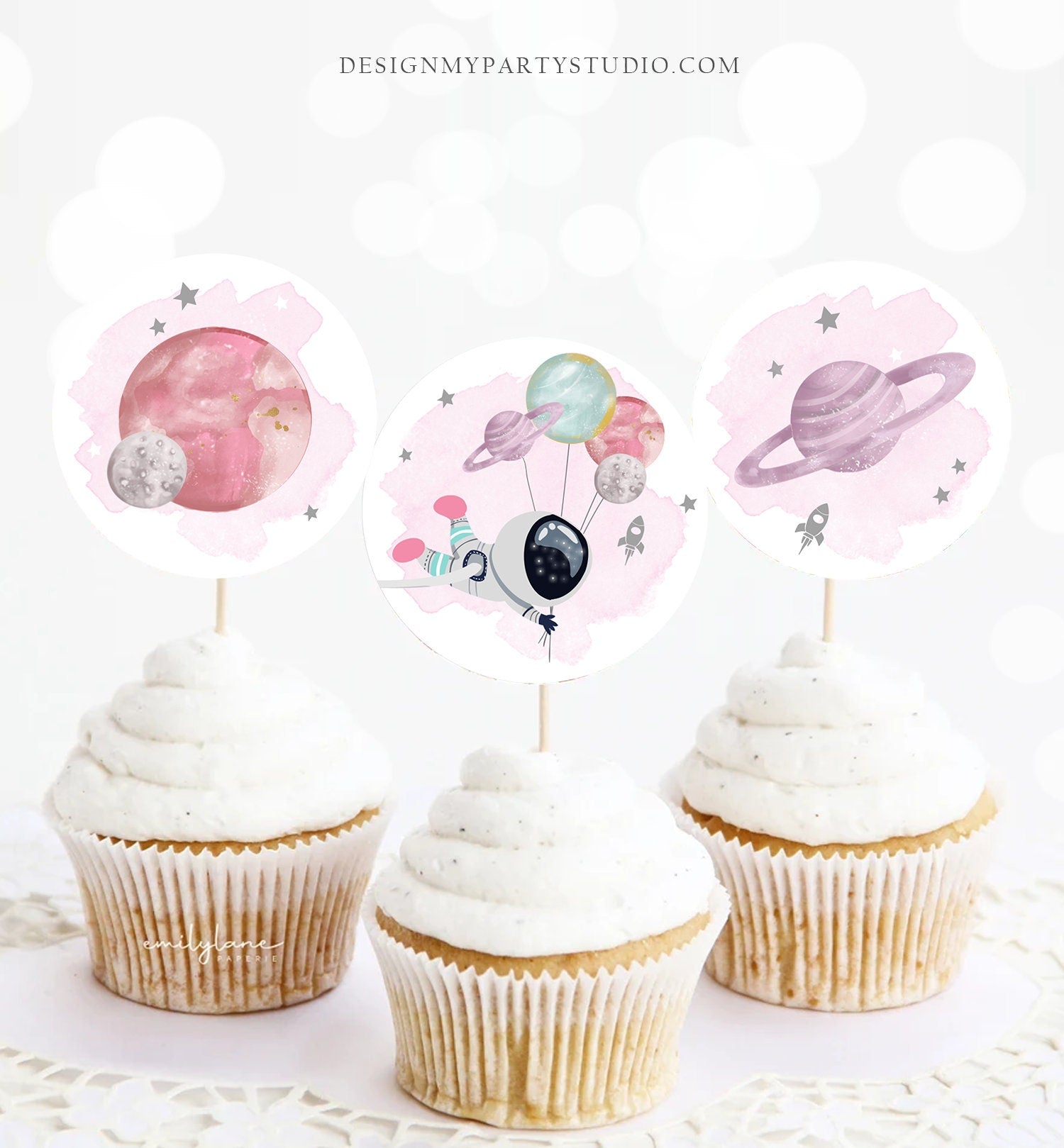 Outer Space Birthday Cupcake Toppers First Trip Around the Sun Favor Tags Space Birthday Planets Galaxy Girl Pink Digital PRINTABLE 0366