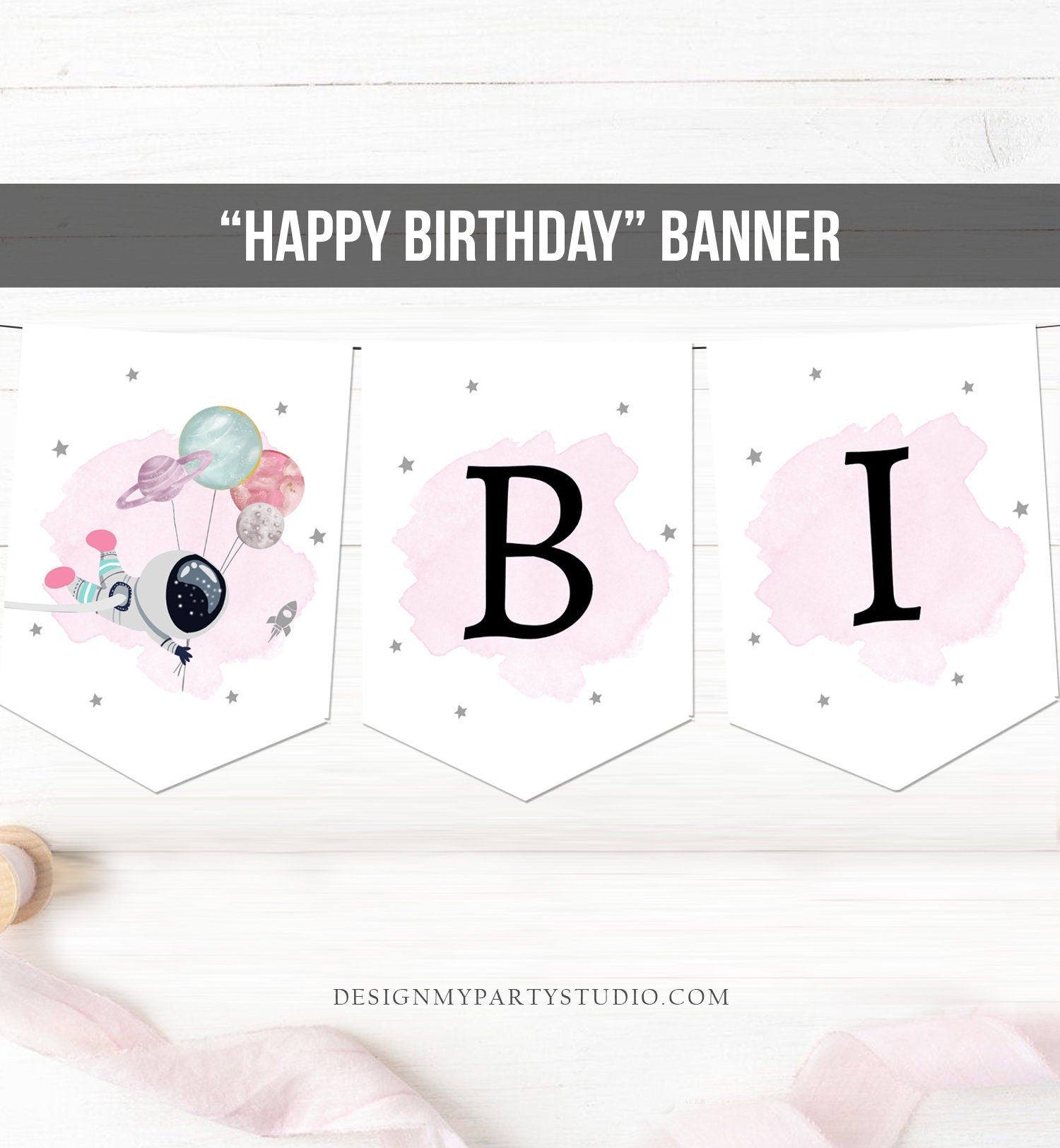 Happy Birthday Banner Outer Space Planets Banner Girl Galaxy Pink Birthday Decorations Rocket Instant Download PRINTABLE DIGITAL DIY 0366