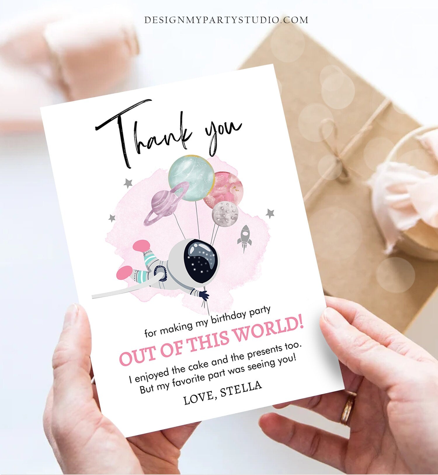 Editable Space Birthday Thank You Card Girl Space Astronaut To the Moon Galaxy Thank You Note Download Printable Template Digital Corjl 0366