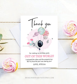 Editable Space Birthday Thank You Card Girl Space Astronaut To the Moon Galaxy Thank You Note Download Printable Template Digital Corjl 0366