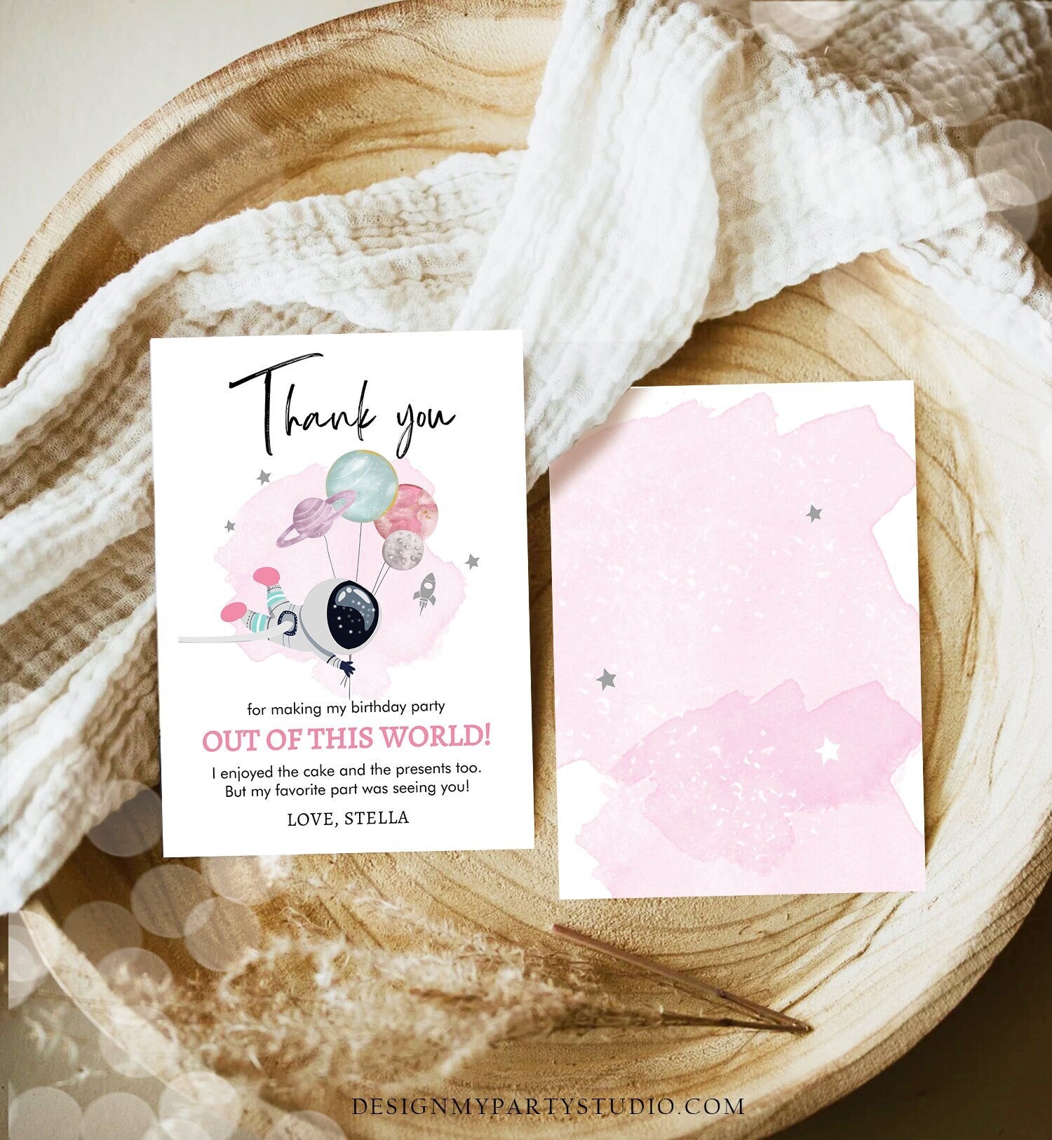 Editable Space Birthday Thank You Card Girl Space Astronaut To the Moon Galaxy Thank You Note Download Printable Template Digital Corjl 0366