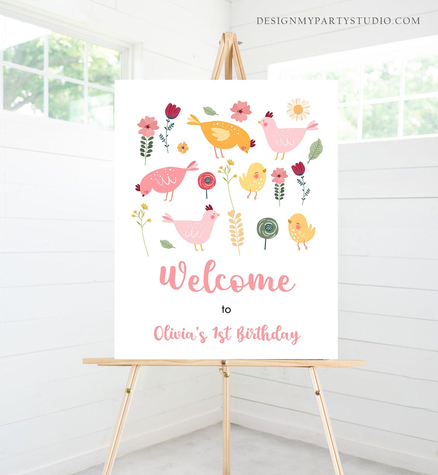 Editable Little Chick Birthday Welcome Sign Barnyard Birthday Girl Spring Birthday Farm Animals Chicken Easter Template Corjl PRINTABLE 0446