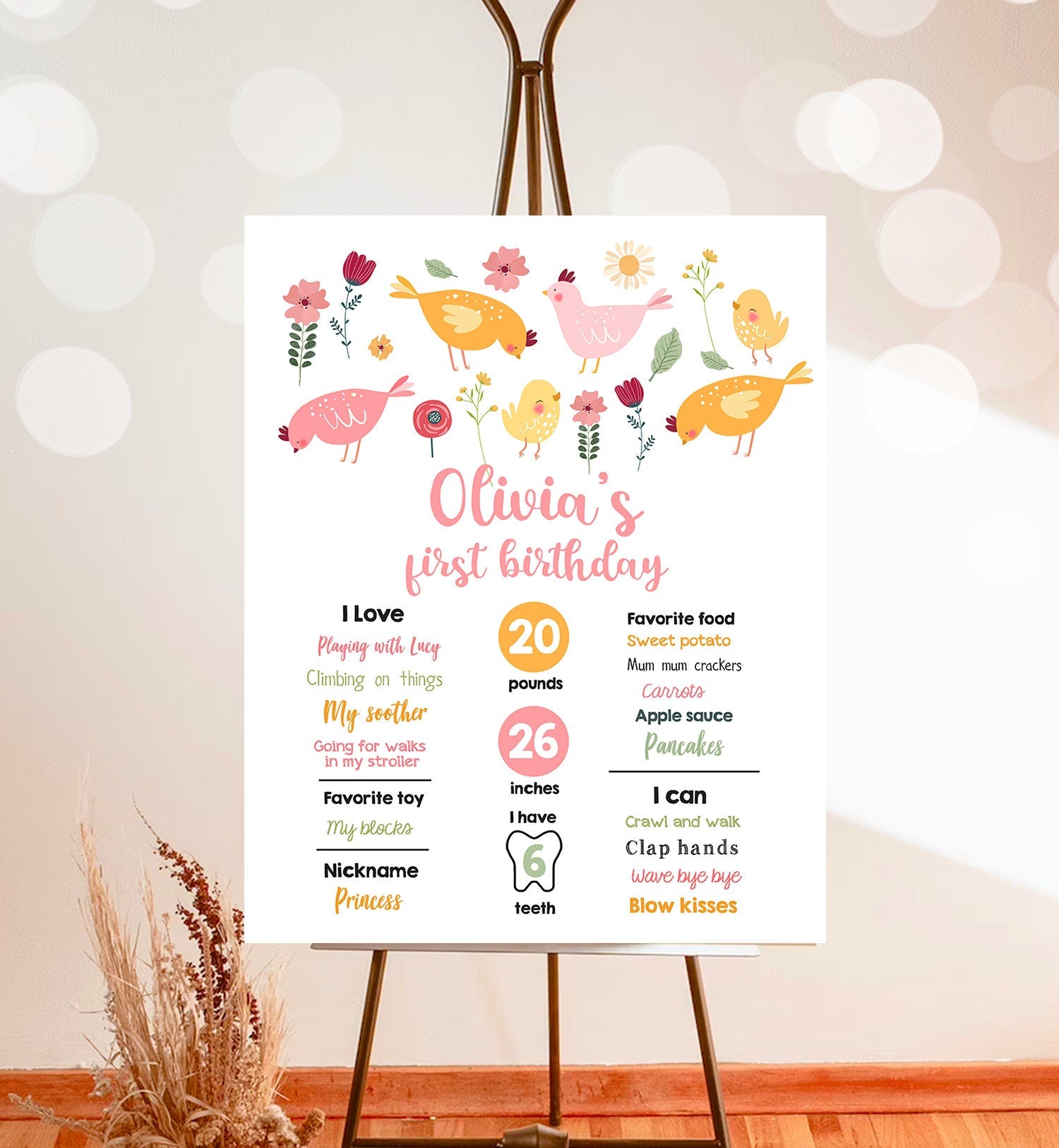 Editable Little Chick Birthday Milestones Sign Girl 1st Birthday Party Farm Barnyard Floral Chicken Easter Download Template Printable 0446