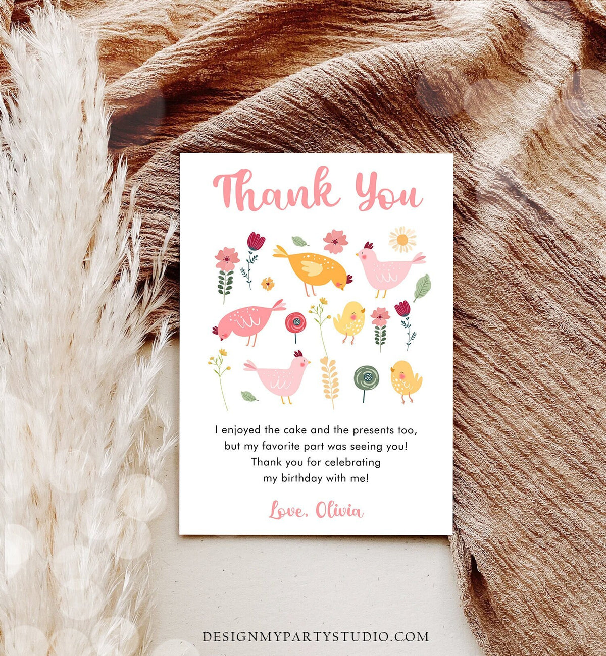 Editable Little Chick Birthday Thank You Card Pink Gingham Farm Birthday Girl Barnyard Chicken Party Easter Template Download Corjl 0446