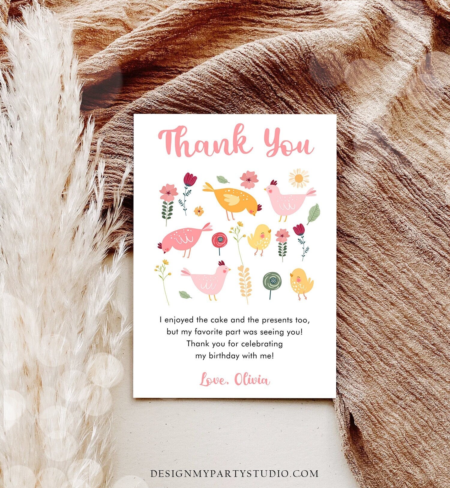 Editable Little Chick Birthday Thank You Card Pink Gingham Farm Birthday Girl Barnyard Chicken Party Easter Template Download Corjl 0446