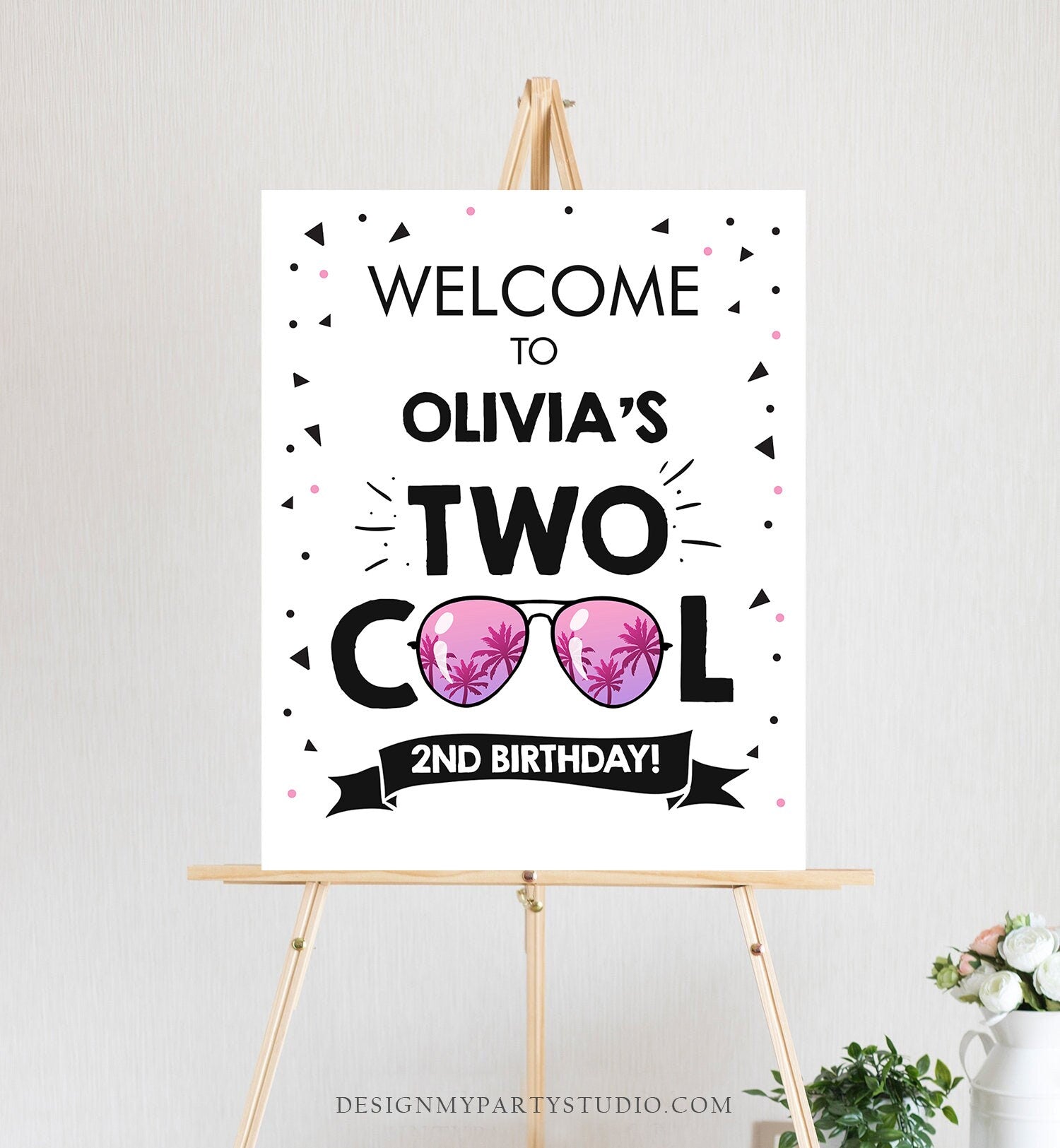 Editable Two Cool Birthday Welcome Sign 2nd Birthday I'm This Many Welcome Girl Birthday Sunglasses Palm Template PRINTABLE Corjl 0136