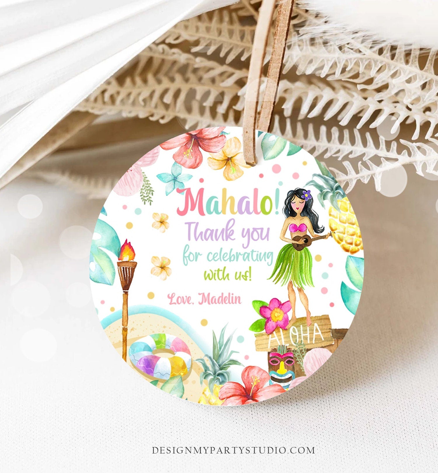 Editable Aloha Tropical Hawaiian Favor Tag Luau Birthday Party Thank You Tags Mahalo Favor Tag Pastel Girl Corjl Template Printable 0413