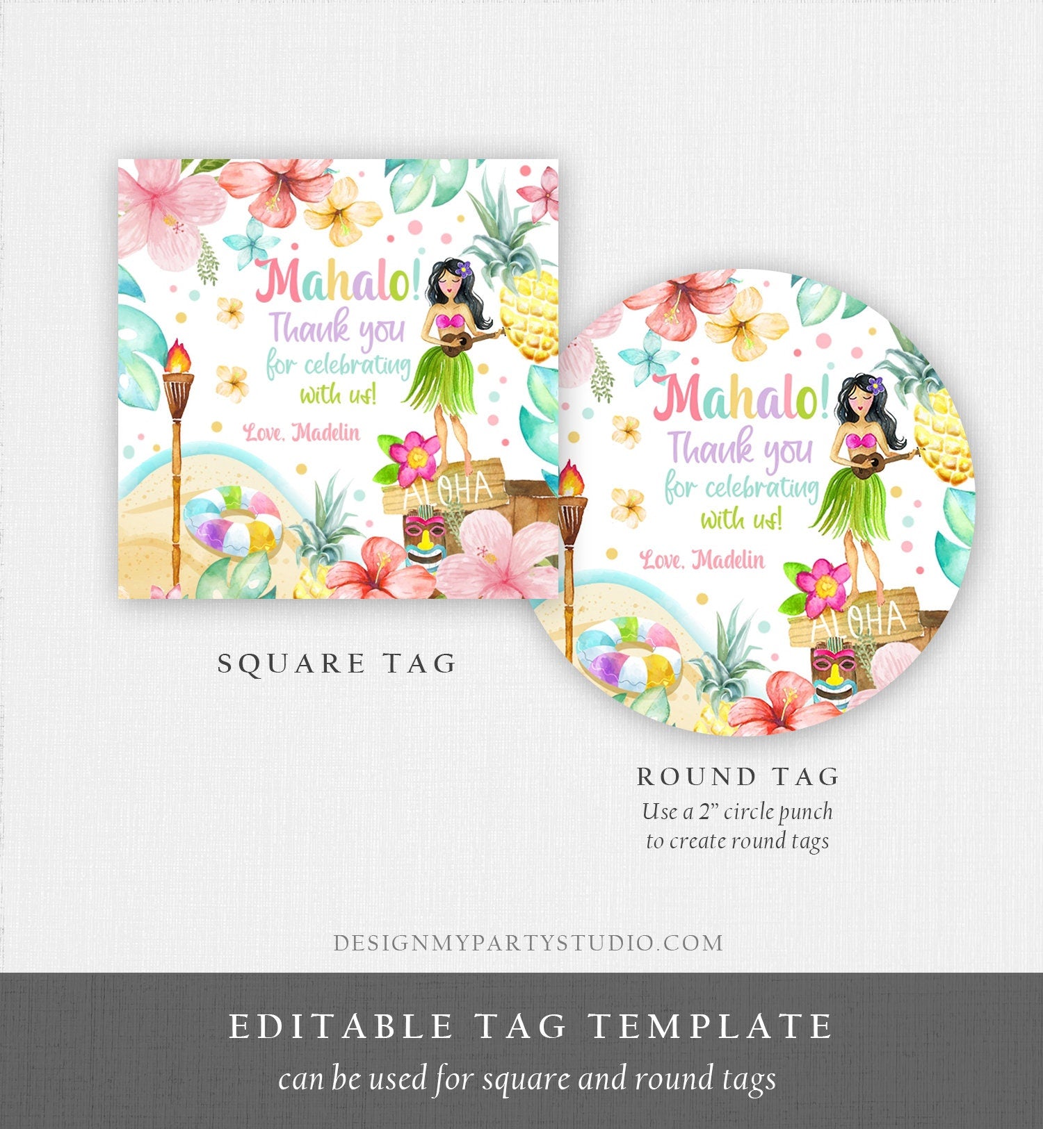 Editable Aloha Tropical Hawaiian Favor Tag Luau Birthday Party Thank You Tags Mahalo Favor Tag Pastel Girl Corjl Template Printable 0413