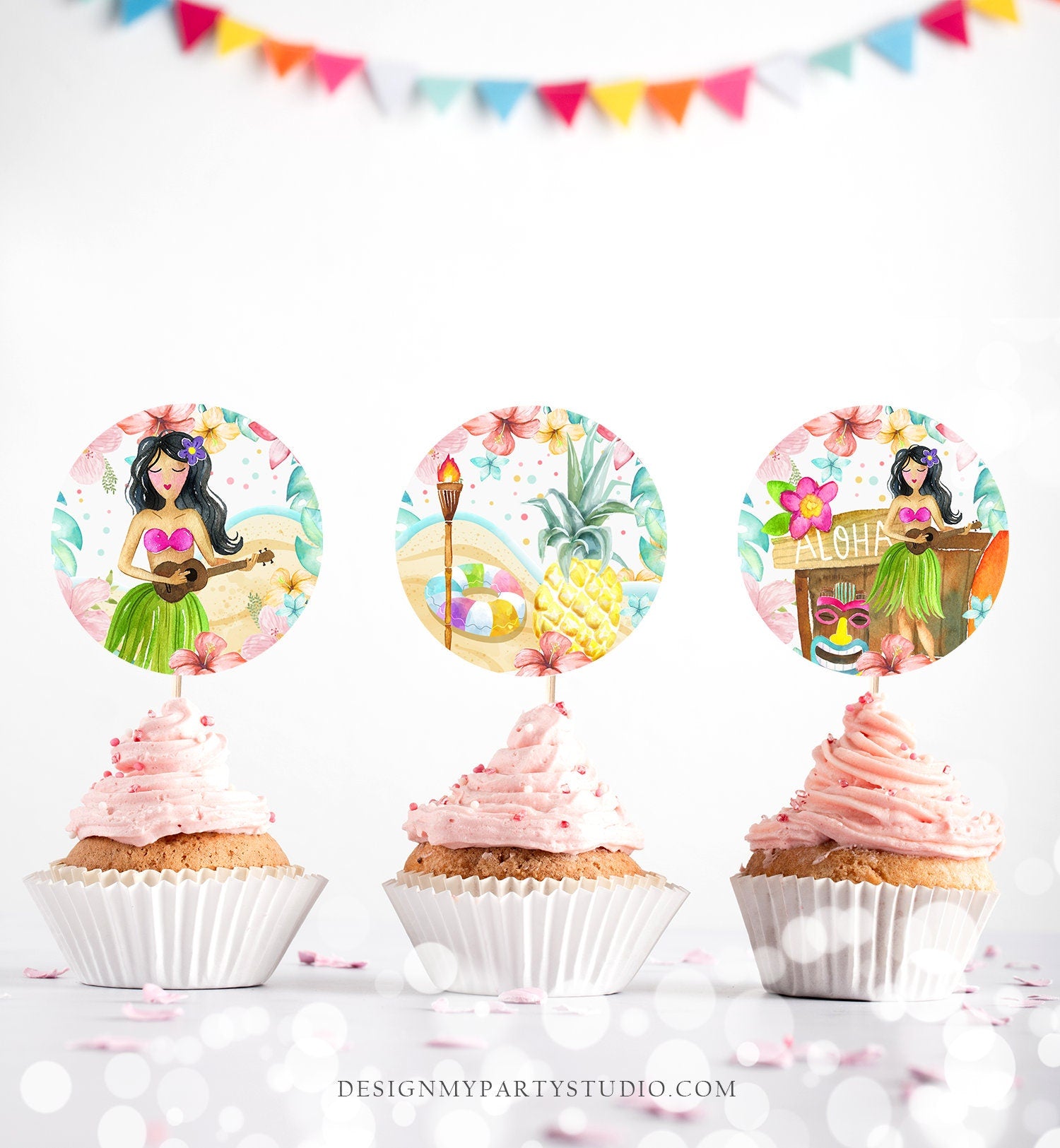 Luau Cupcake Toppers Favor Tags Hawaiian Luau Birthday Party Decoration Tropical Pool Party Girl Pineapple Download Digital PRINTABLE 0413