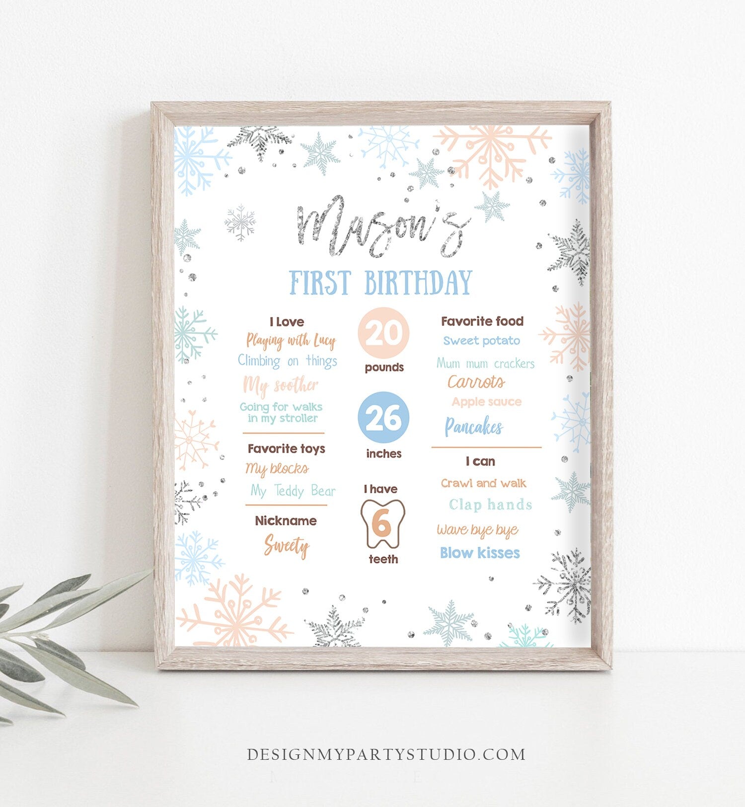 Editable Winter Birthday Milestones Sign Winter Onederland First Birthday Boy Blue Silver Snowflakes Floral Corjl Template Printable 0256