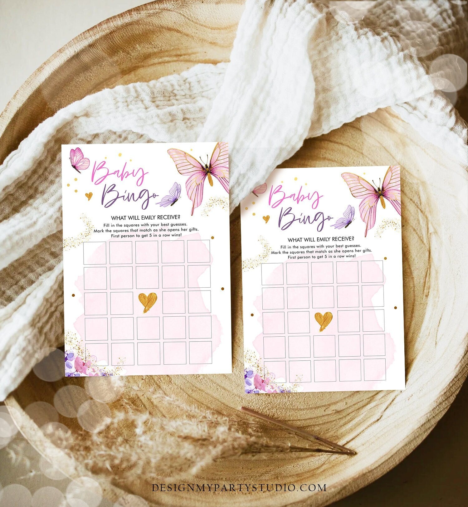 Editable Baby Bingo Baby Shower Game Butterfly Baby Shower Floral Butterflies Lilac Pink Purple Activity Corjl Template Printable 0437