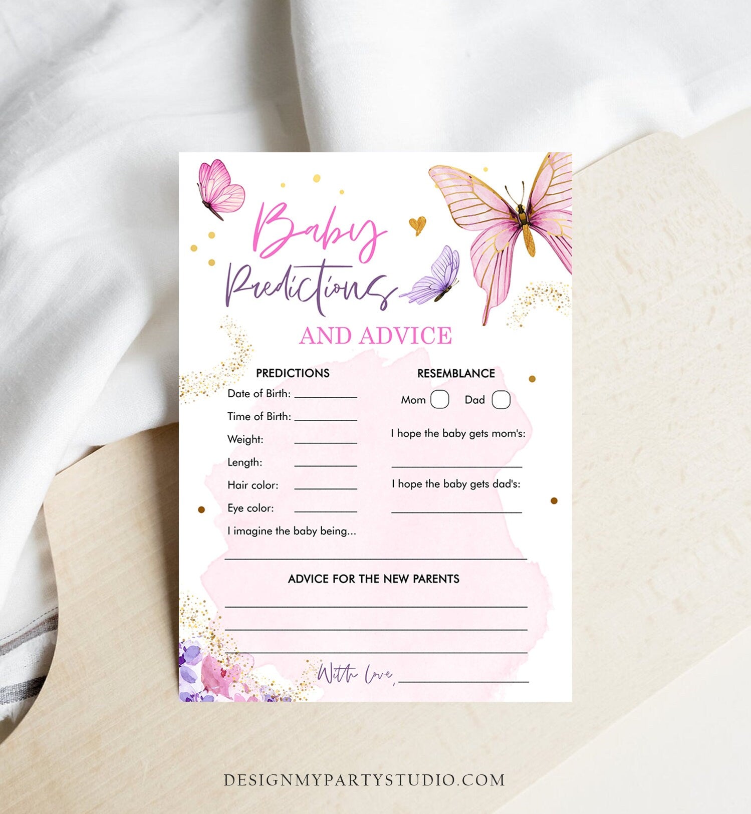 Editable Baby Predictions Advice Baby Shower Game Butterfly Baby Shower Floral Butterflies Lilac Pink Activity Corjl Template Printable 0437