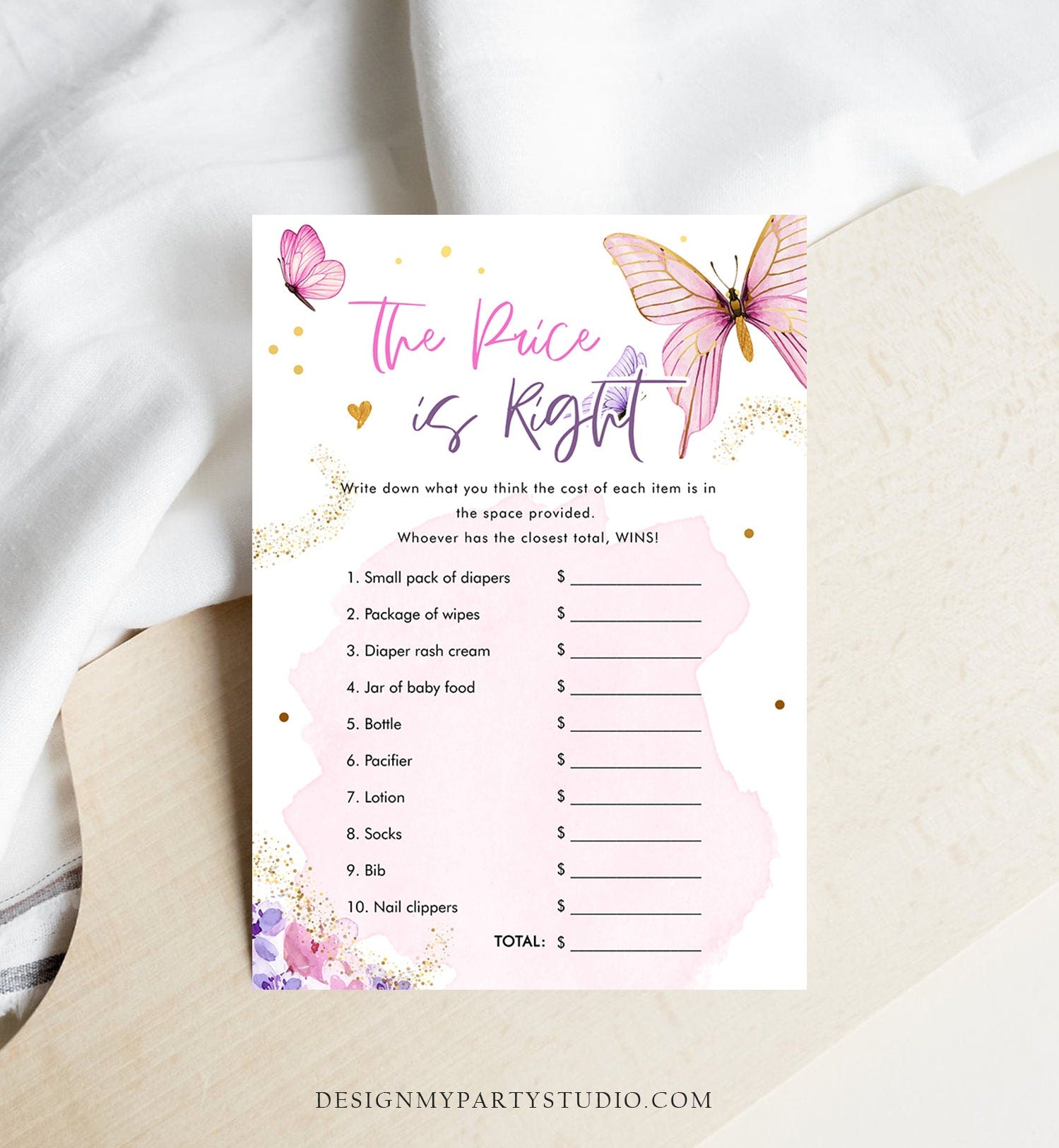 Editable The Price is Right Baby Shower Game Butterfly Baby Books Floral Butterflies Pink Purple Activity Corjl Template Printable 0437