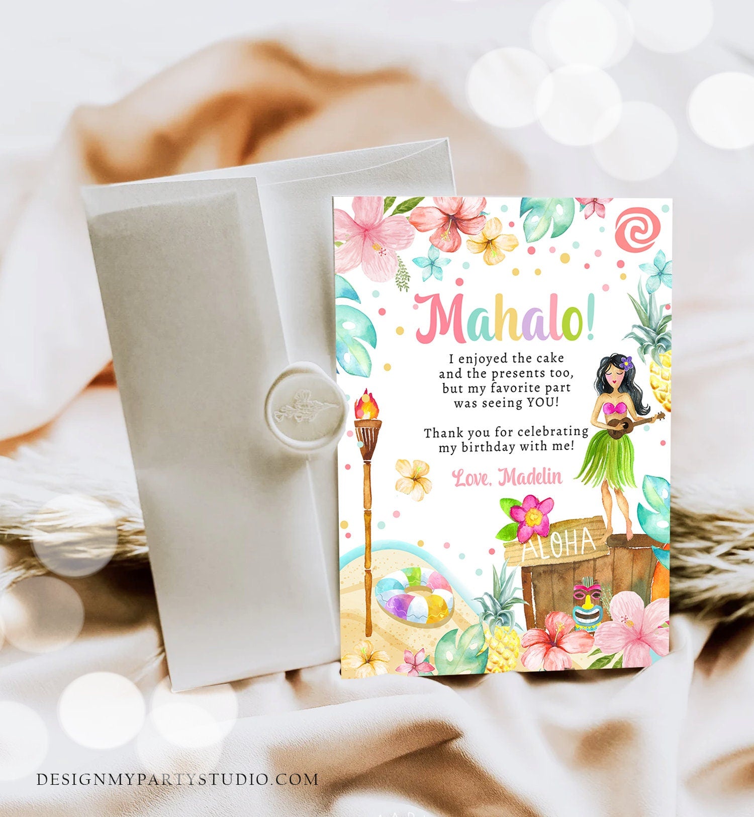 Editable Luau Birthday Thank You Card Girl Hawaiian Birthday Thank You Note Tropical Luau Party Download Template Digital Corjl 0413