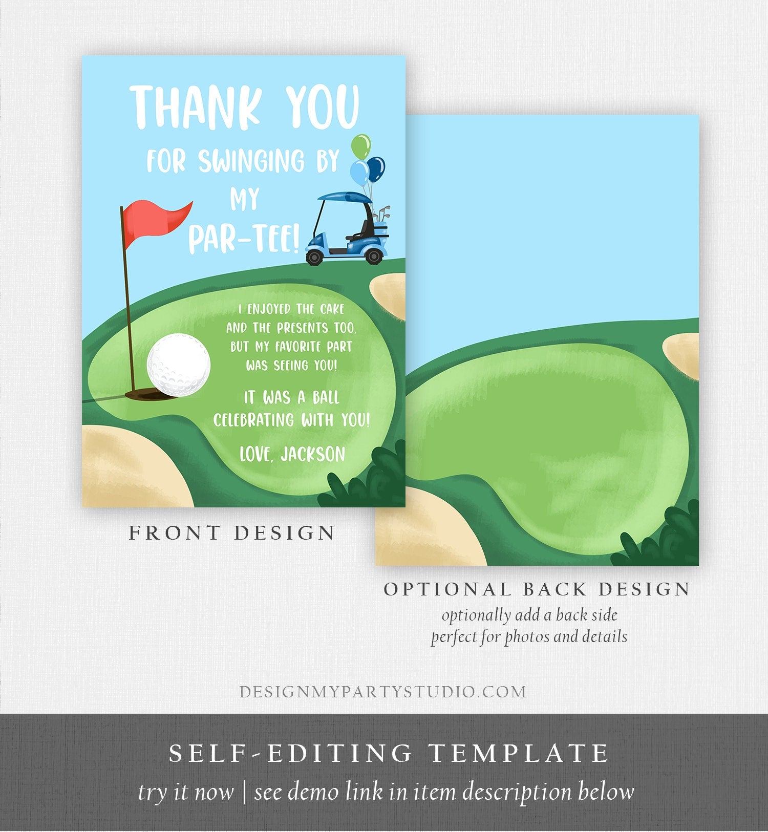 Editable Golf Thank You Card Golfing Birthday Par-tee Swinging By Hole in One Golf Court Boy Girl Cart Printable Corjl Template Digital 0405