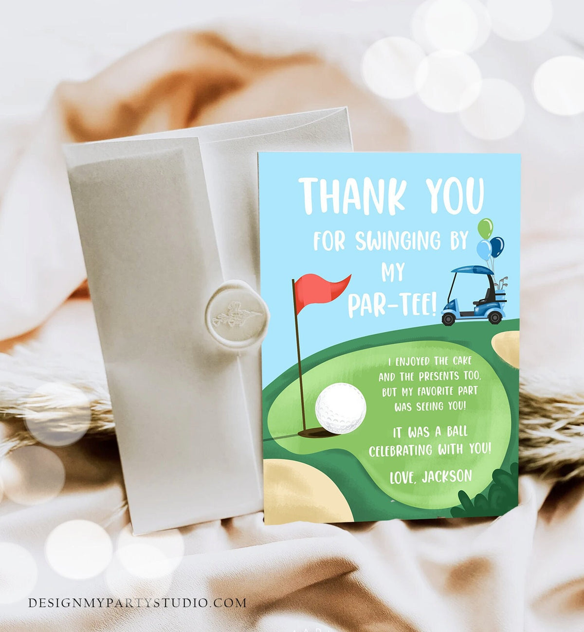 Editable Golf Thank You Card Golfing Birthday Par-tee Swinging By Hole in One Golf Court Boy Girl Cart Printable Corjl Template Digital 0405