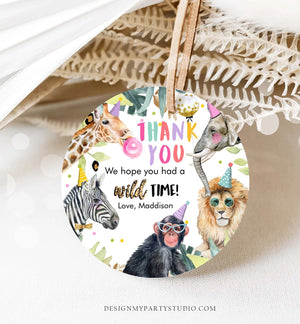 Editable Party Animals Favor Tags Wild One Animals Thank You Tags Safari Zoo Girl Birthday Wild Time Sticker Tag Digital Corjl Template 0417