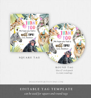 Editable Party Animals Favor Tags Wild One Animals Thank You Tags Safari Zoo Girl Birthday Wild Time Sticker Tag Digital Corjl Template 0417