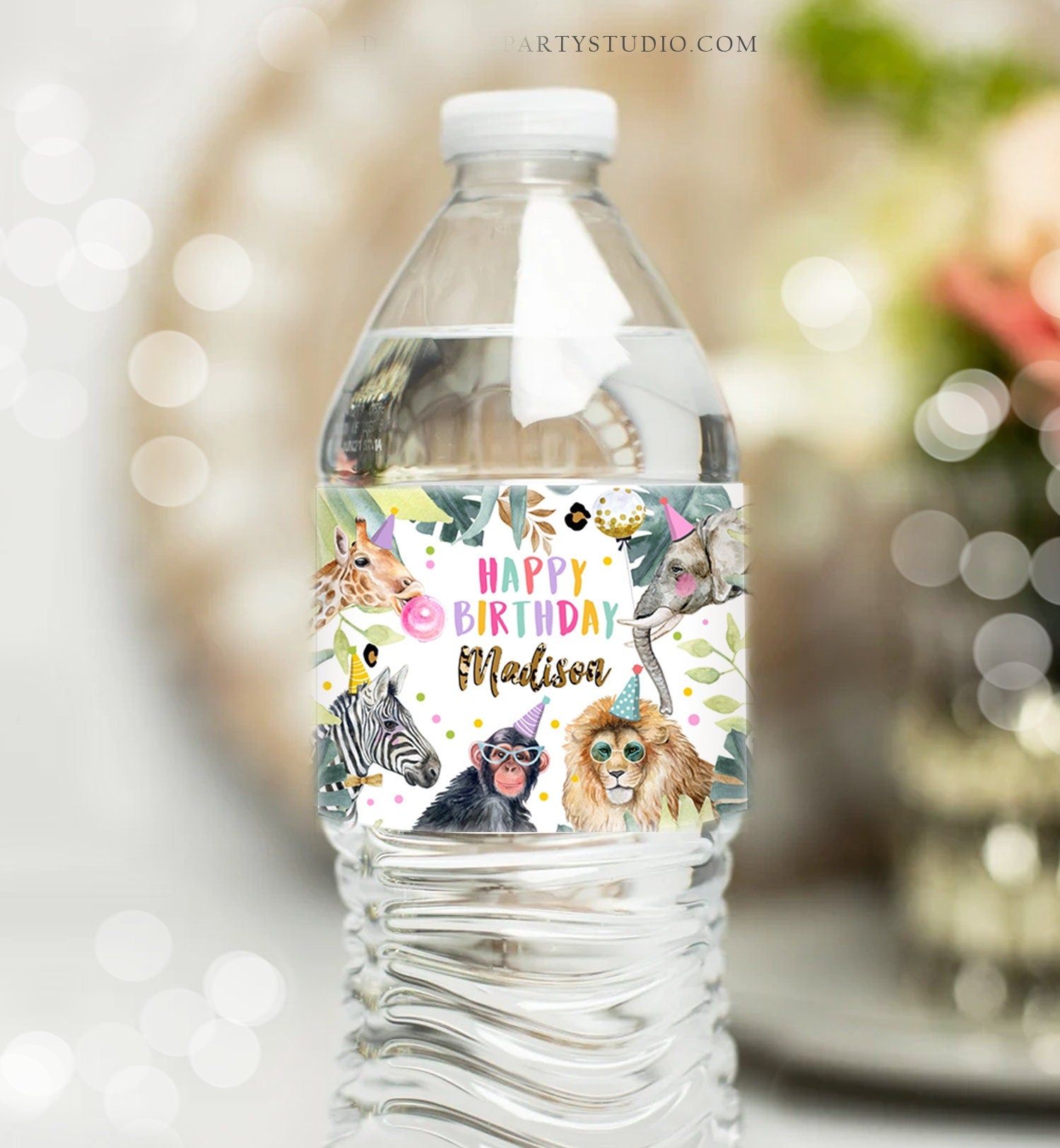 Editable Safari Water Bottle Labels Party Animals Birthday Wild One Birthday Decor Safari Girl Printable Bottle Wrappers Template Corjl 0417