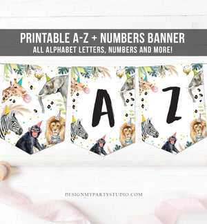 Safari Animals Birthday Banner A-Z Alphabet Numbers Banner First Happy Birthday Banner Girl Boy Neutral Party Animals Decor Printable 0417