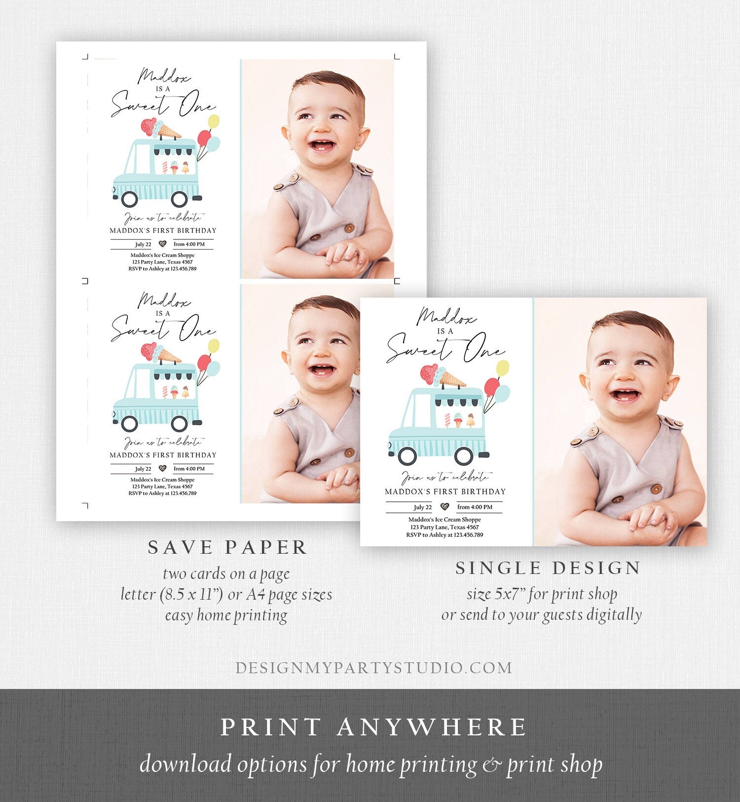 Editable Ice Cream Truck Birthday Invitation Boy Ice Cream Sweet One Modern 1st Birthday Party First Download Printable Template Corjl 0415